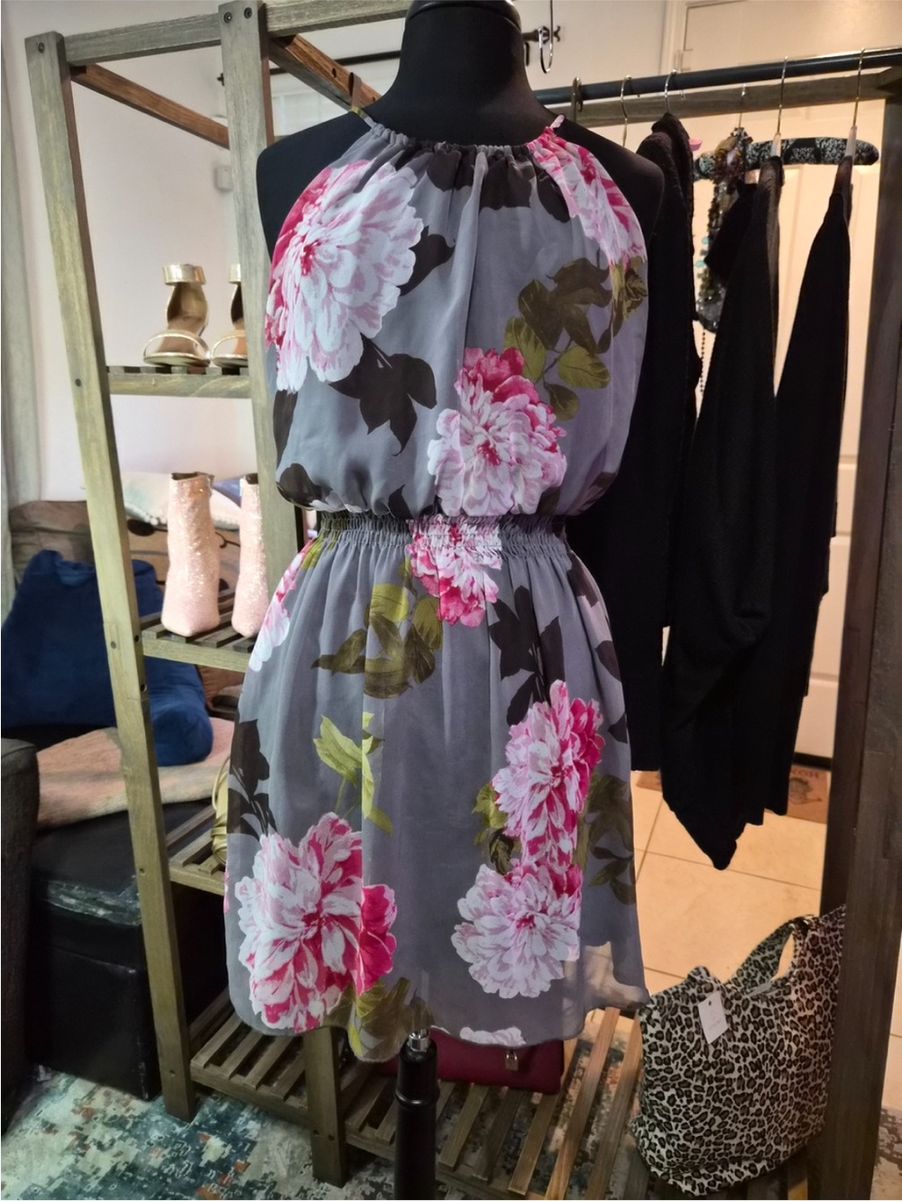 Sweet Storm Gray Dress with Pink Floral Accents
